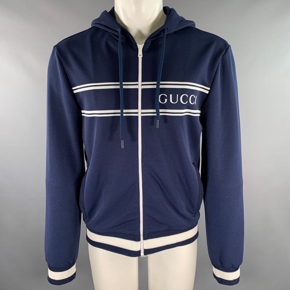 GUCCI Size M Navy White Logo Polyester Zip Up Hoodie